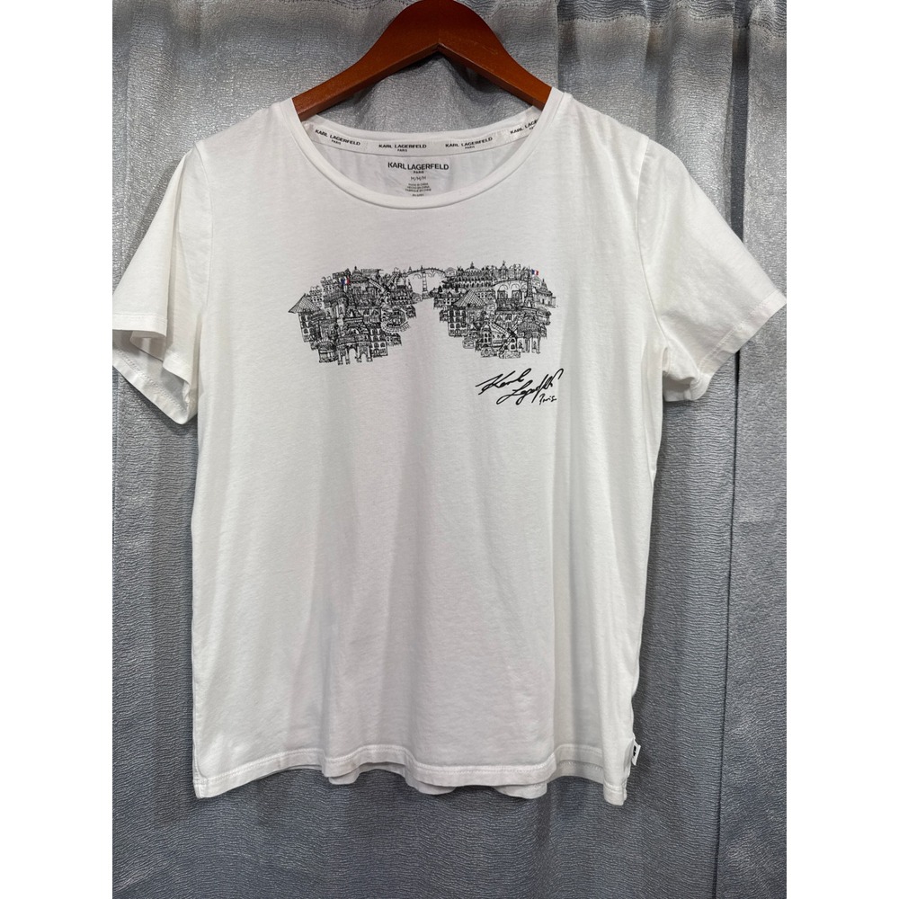 Karl Lagerfeld Paris Womens White Paris Skyline Graphic T-Shirt Size M Signature